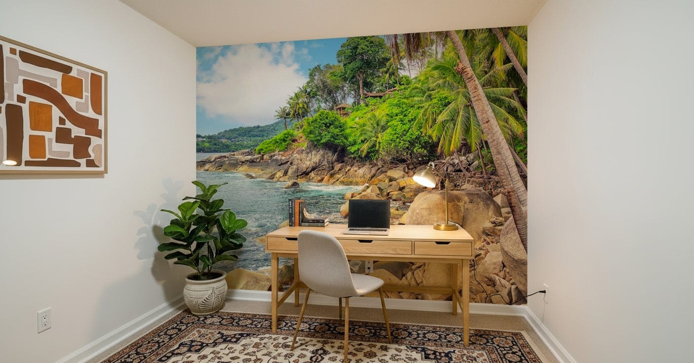 A calm workspace softened by Tropical Shores Wall Mural and tropical coastal greenery, GD7949