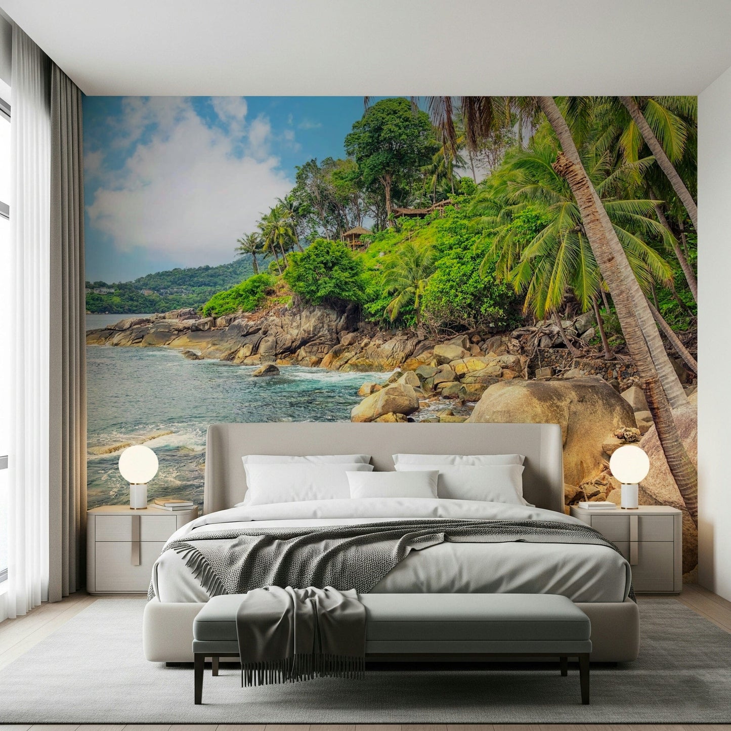 Tropical Shores Wall Mural gives this bedroom a fresh island-coast backdrop, GD7949