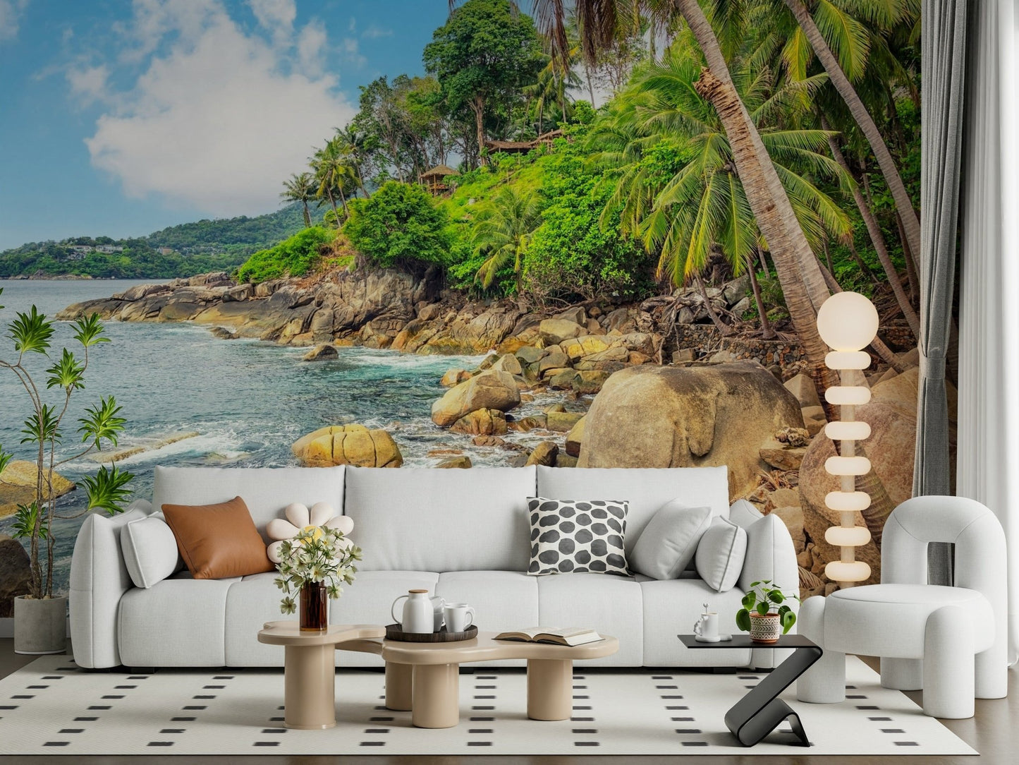 In this sitting room, Tropical Shores Wall Mural adds palm shade and sea-washed rocks, GD7949