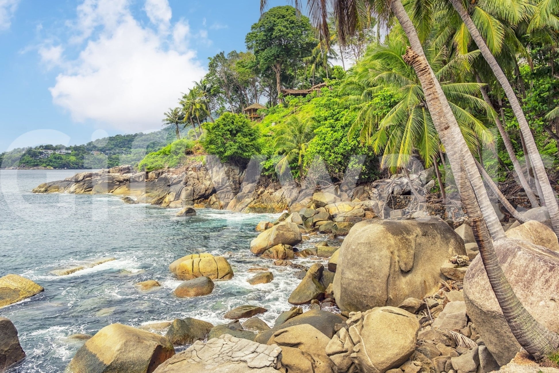 Tropical Shores Wall Mural with rocky beach, palms, and lush green coastal hillside, GD7949