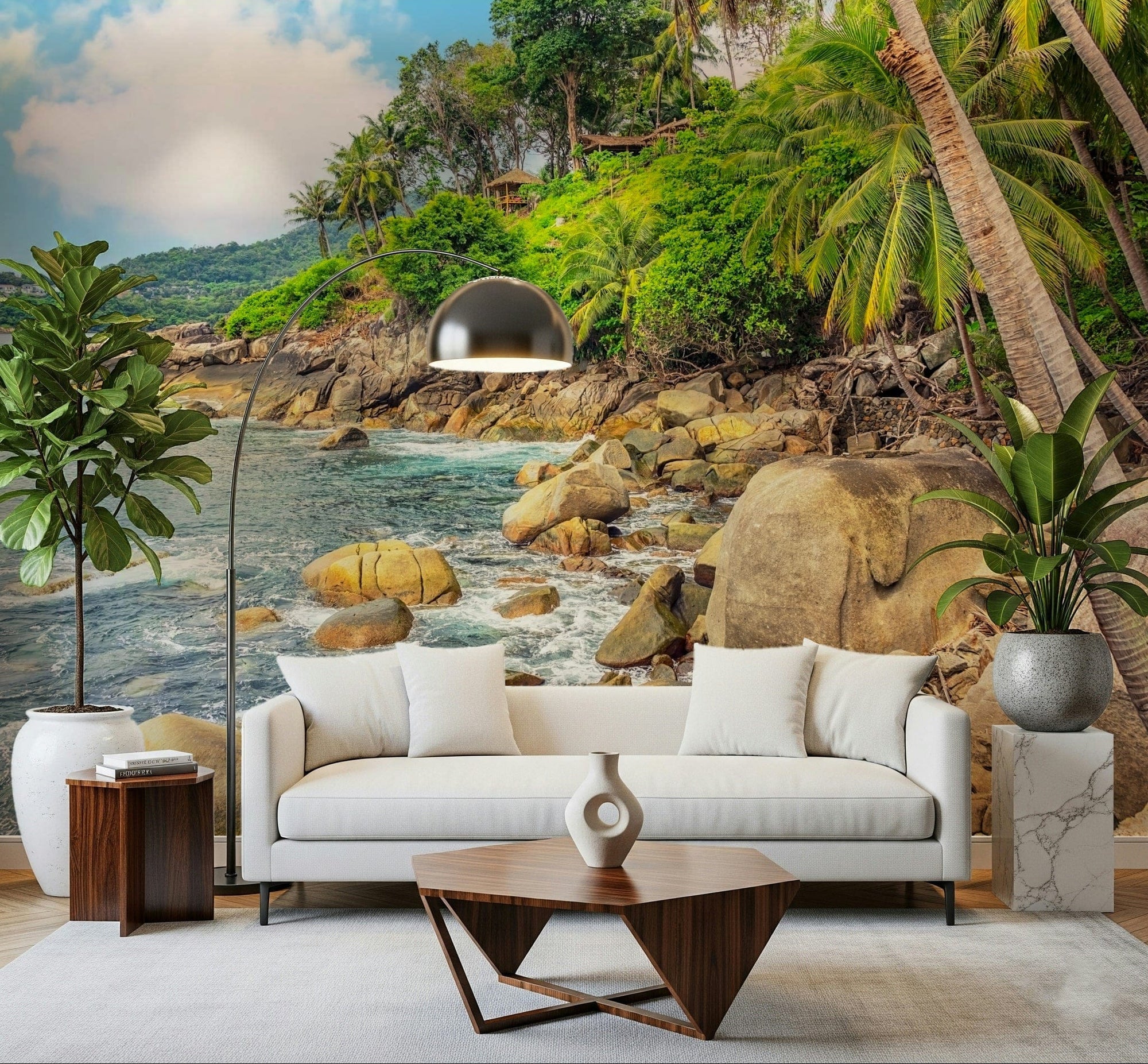 A bright lounge framed by Tropical Shores Wall Mural and lush rocky shoreline views, GD7949