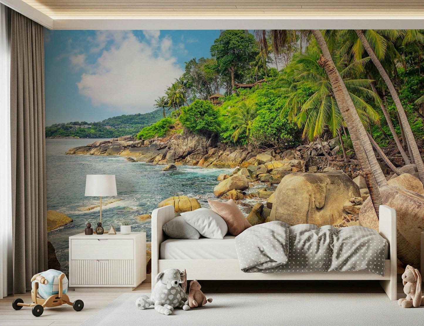 A cozy bedroom paired with Tropical Shores Wall Mural and bright coastal boulders, GD7949