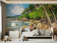 A cozy bedroom paired with Tropical Shores Wall Mural and bright coastal boulders, GD7949
