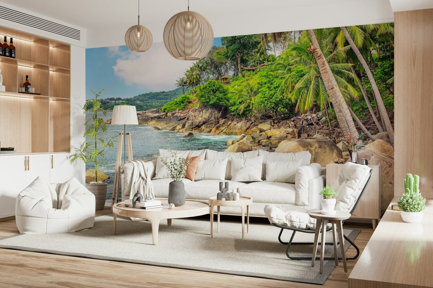 A cozy bedroom paired with Tropical Shores Wall Mural and bright coastal boulders, GD7949