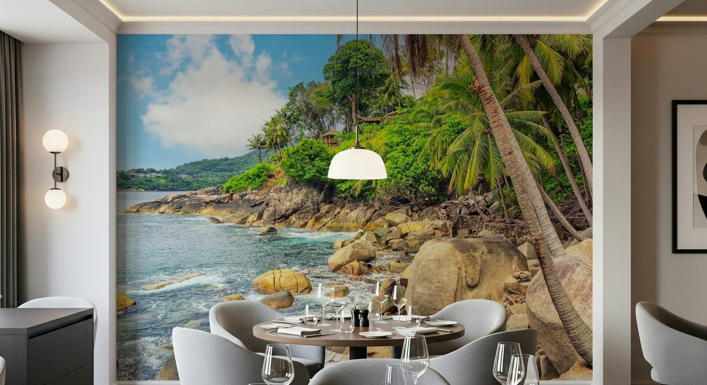 Tropical Shores Wall Mural creates a warm island-edge setting for this modern Dining, GD7949