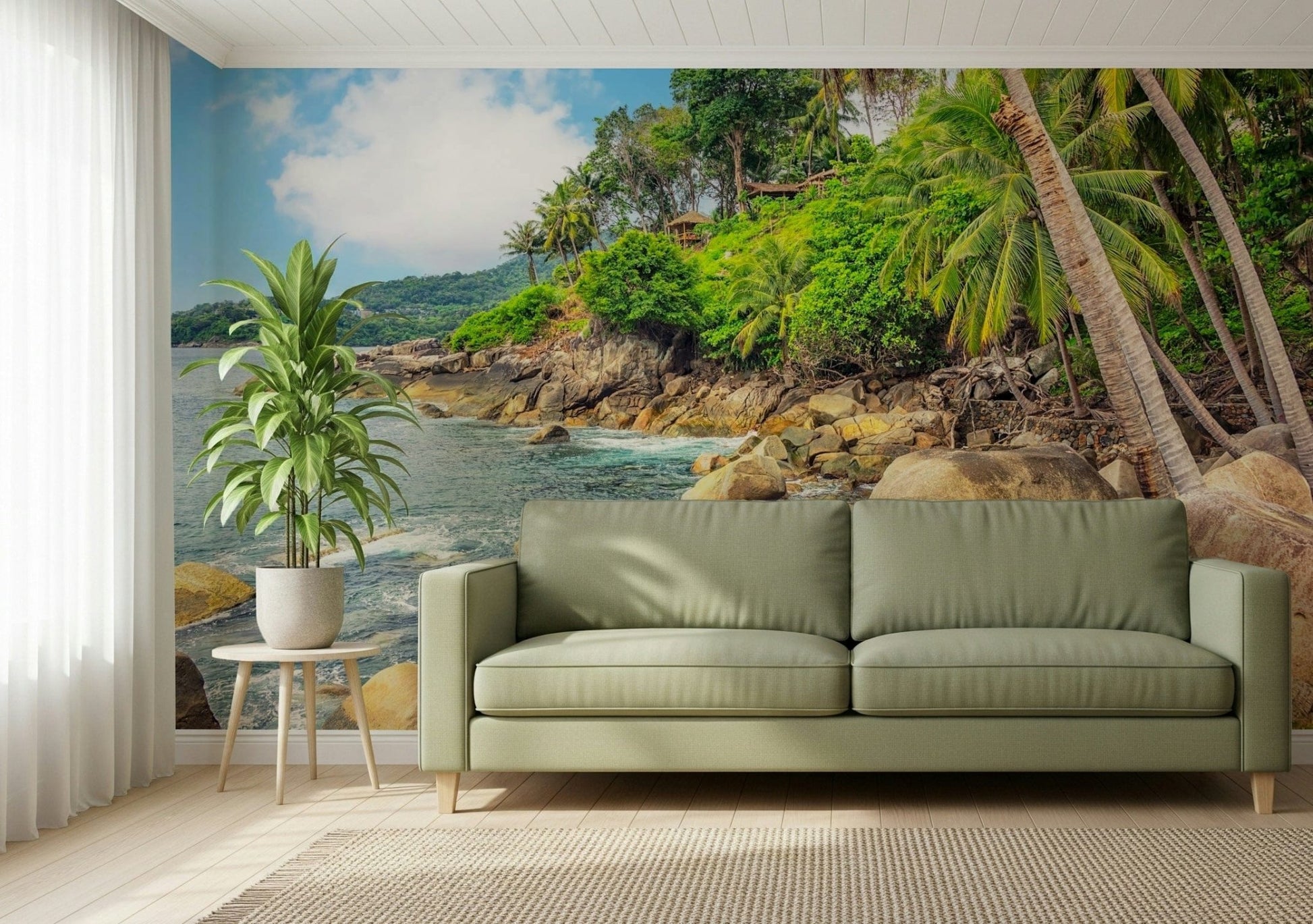 Close-up seating view featuring Tropical Shores Wall Mural and leaning palm trees, GD7949