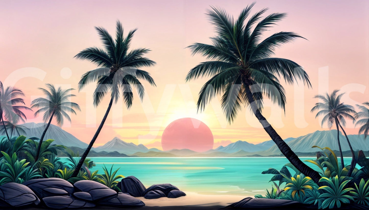 Bohemian nature inspired Tropical Sunset wallpaper mural