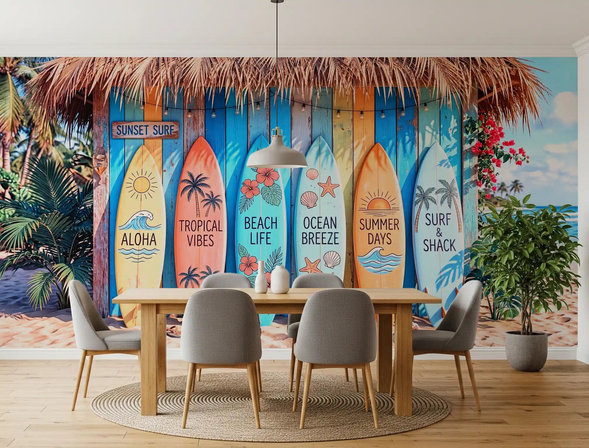 Dining room setup using Tropical Surf Shack Dreams wall mural in coastal style