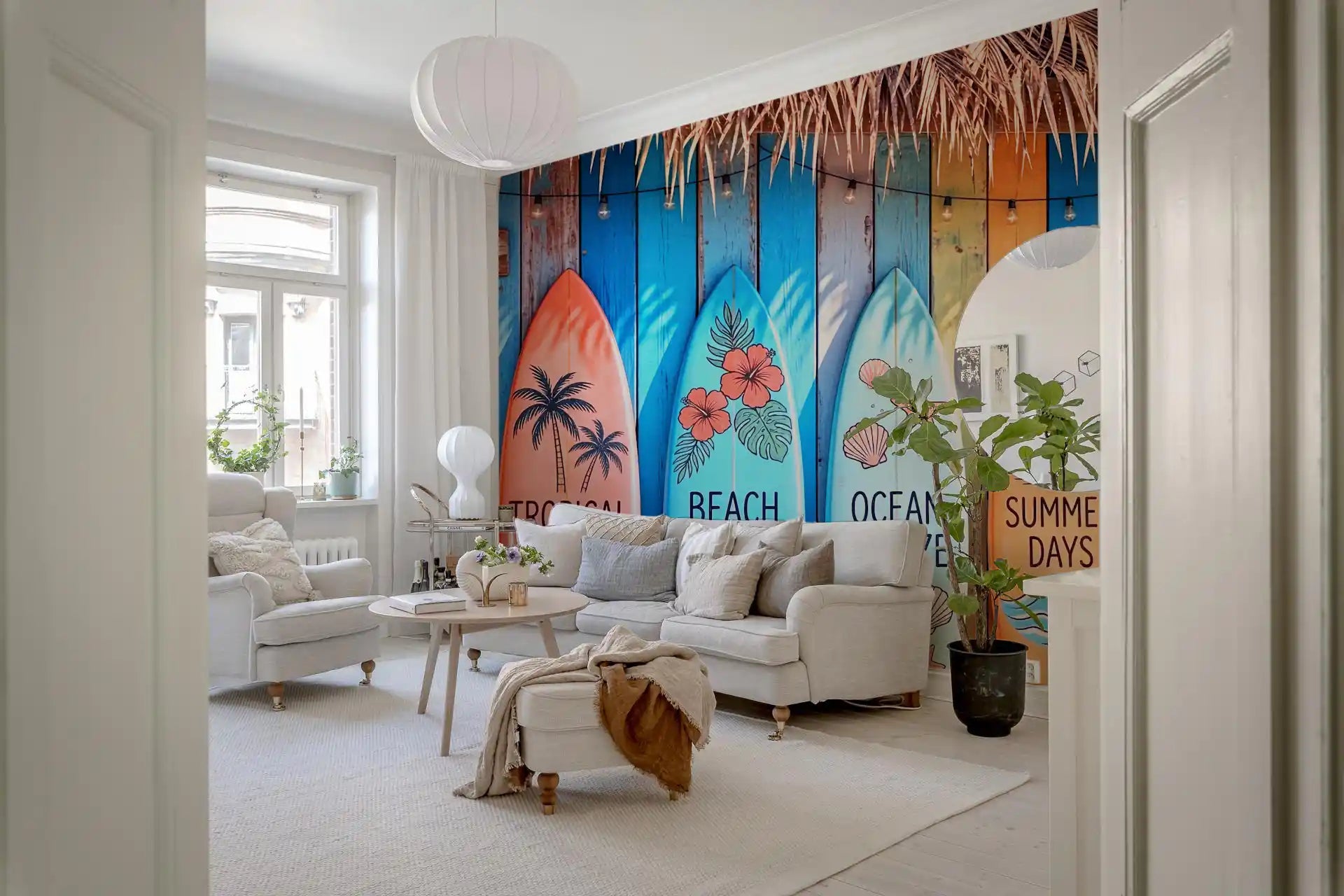 Beach-themed elements appear in Tropical Surf Shack Dreams wall mural design