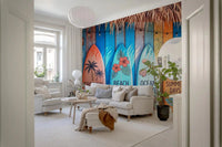 Beach-themed elements appear in Tropical Surf Shack Dreams wall mural design