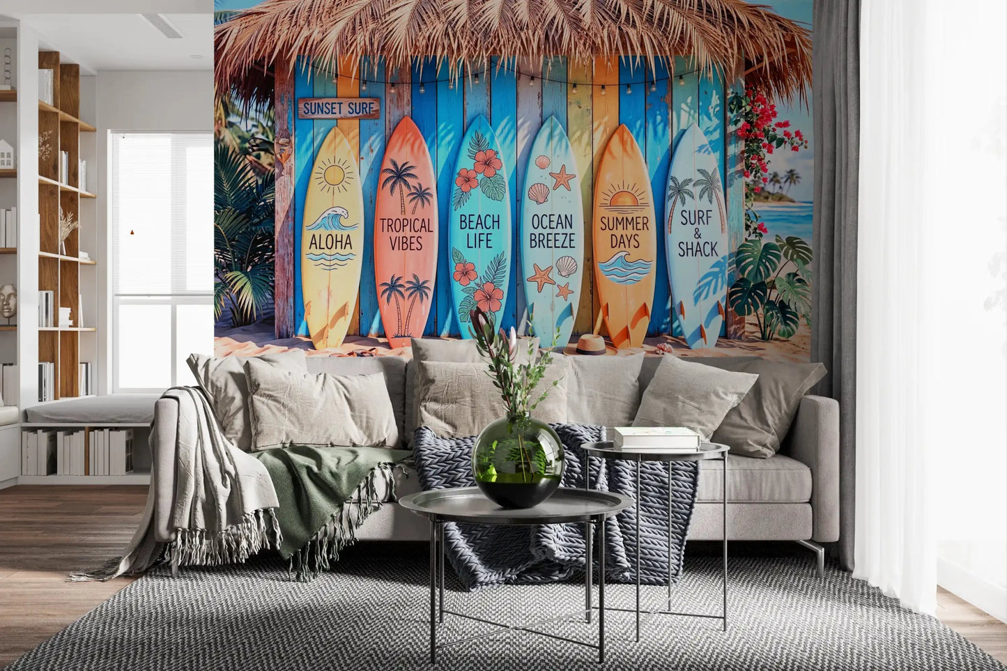 Vibrant beach shack scene displayed in Tropical Surf Shack Dreams wall mural