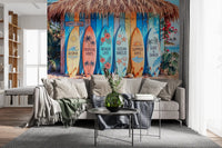 Vibrant beach shack scene displayed in Tropical Surf Shack Dreams wall mural