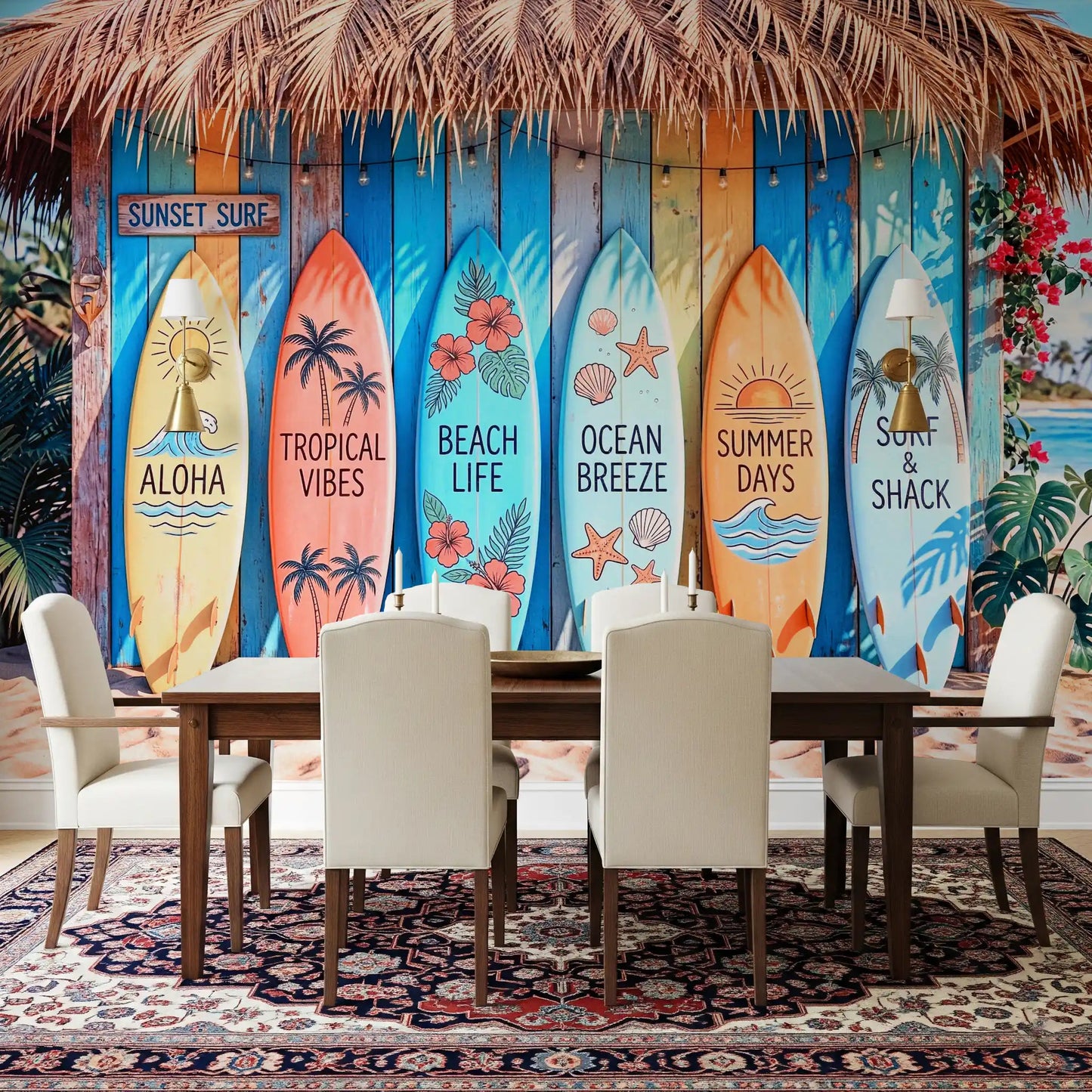 Tropical setting with surfboards shown in Tropical Surf Shack Dreams wall mural