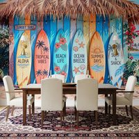 Tropical setting with surfboards shown in Tropical Surf Shack Dreams wall mural