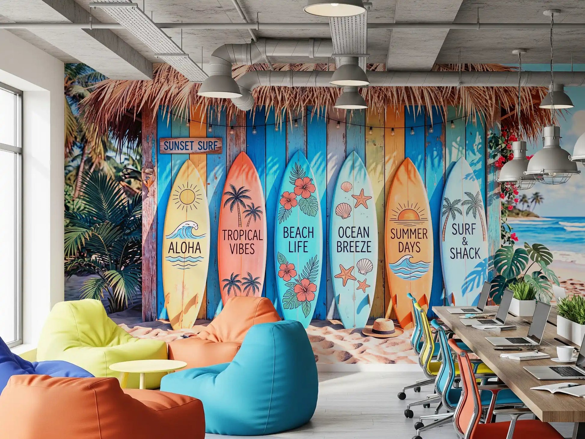 Colorful surfboards arranged across Tropical Surf Shack Dreams wall mural scene