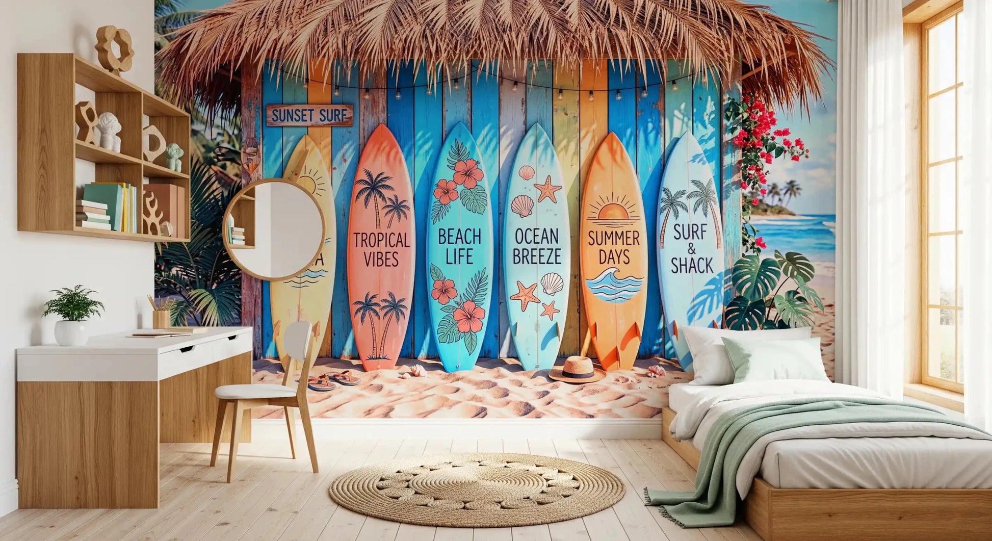Bedroom space featuring Tropical Surf Shack Dreams wall mural with beach theme