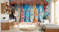 Bedroom space featuring Tropical Surf Shack Dreams wall mural with beach theme