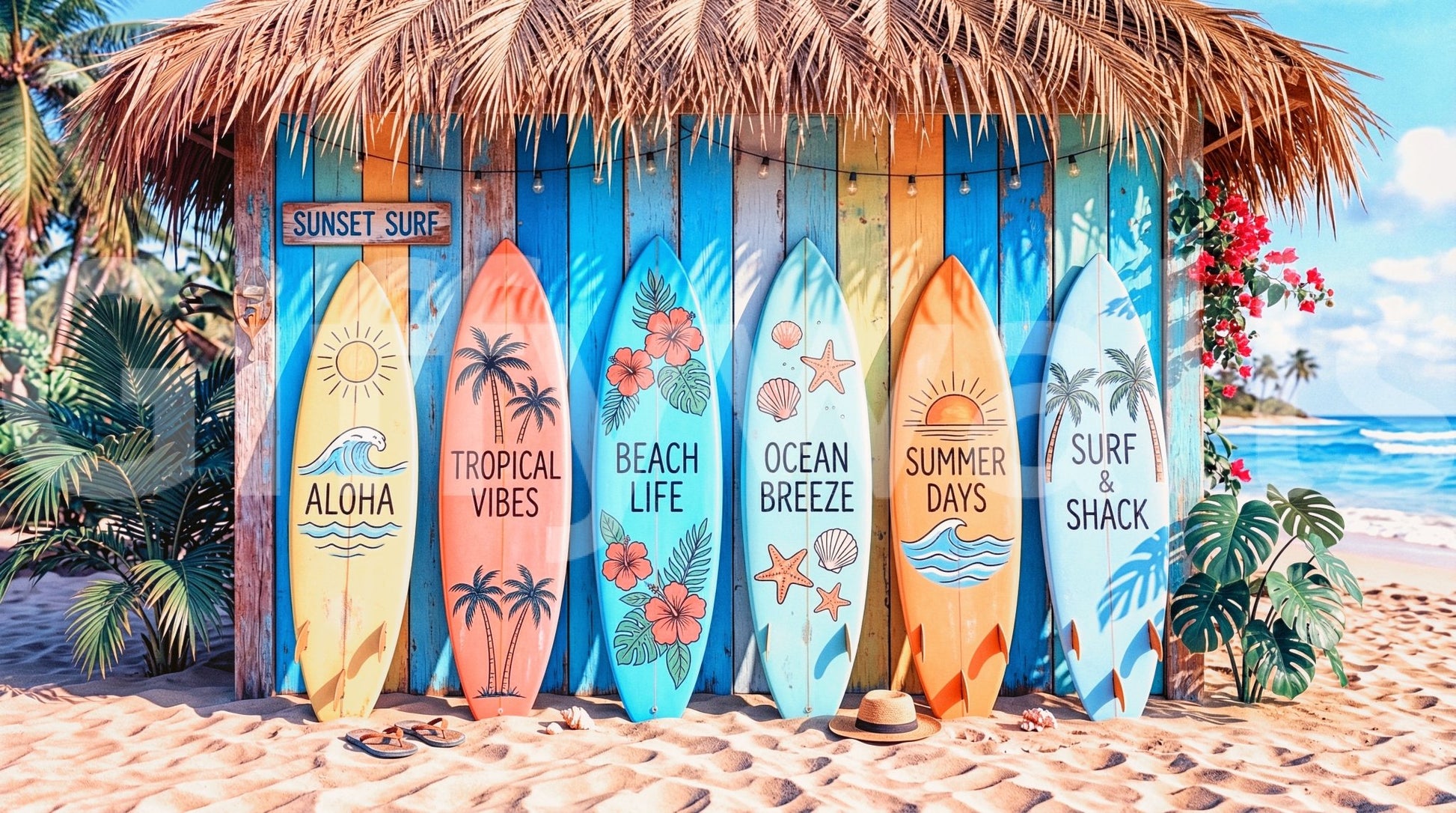 Surfboard graphics and seaside vibe in Tropical Surf Shack Dreams wall mural