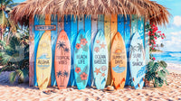 Surfboard graphics and seaside vibe in Tropical Surf Shack Dreams wall mural