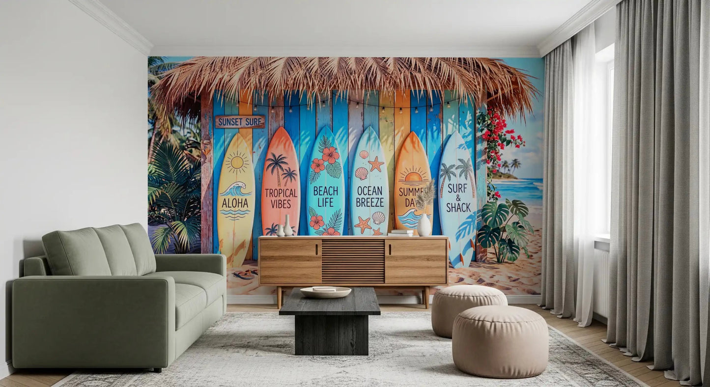 Coastal board lineup featured in Tropical Surf Shack Dreams wall mural artwork