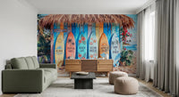 Coastal board lineup featured in Tropical Surf Shack Dreams wall mural artwork