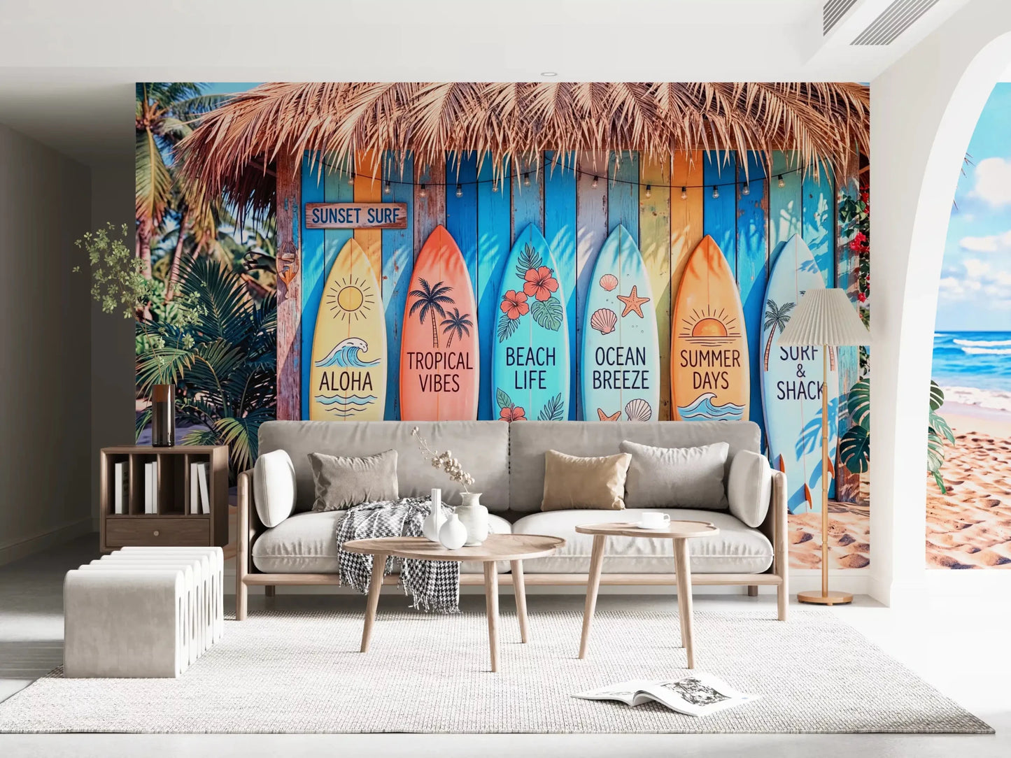 Living room styled with Tropical Surf Shack Dreams wall mural and colorful surfboards