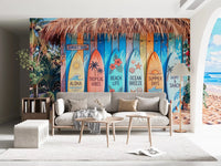Living room styled with Tropical Surf Shack Dreams wall mural and colorful surfboards