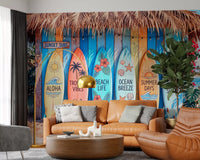 Palm tree and ocean-inspired details in Tropical Surf Shack Dreams wall mural