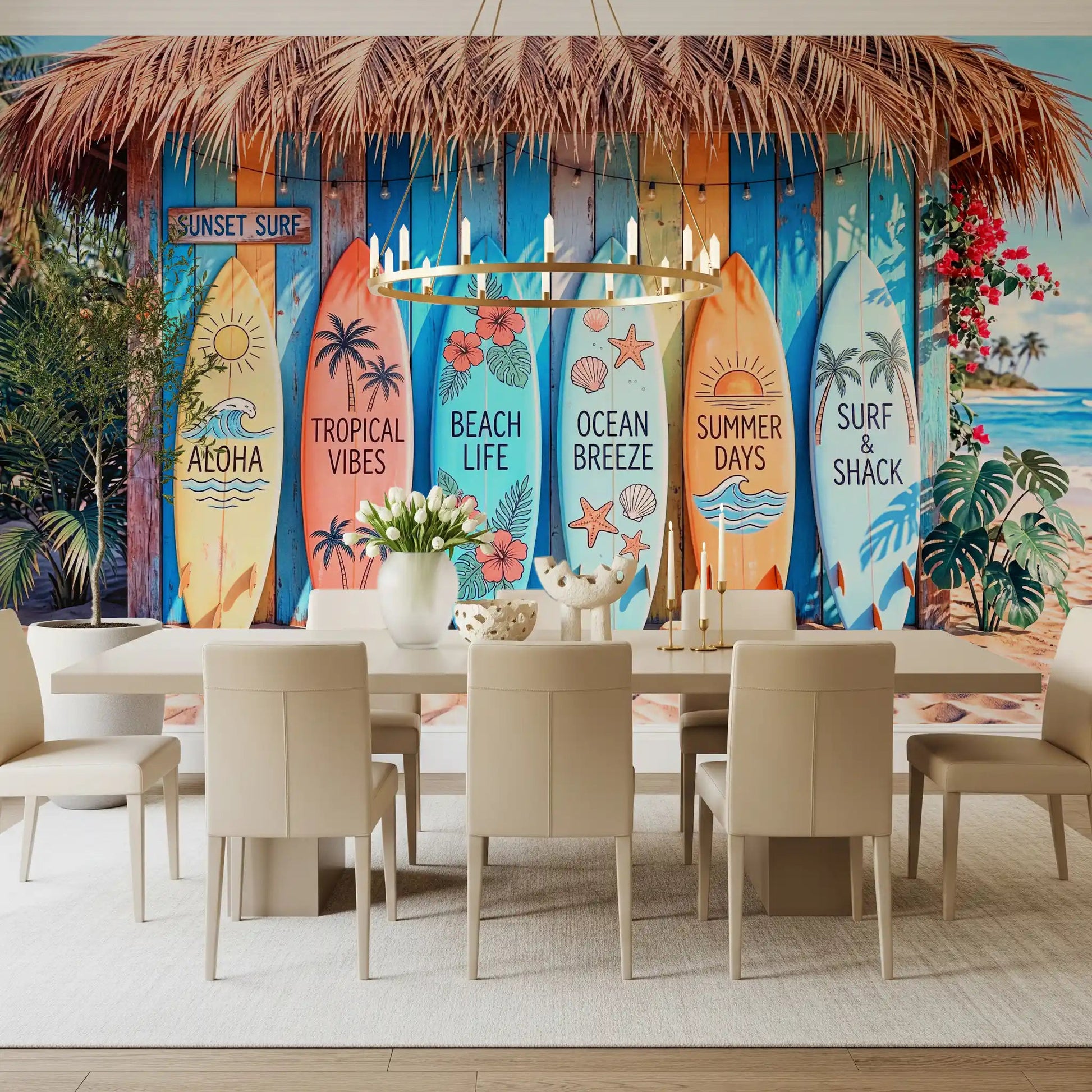 Dining area showing Tropical Surf Shack Dreams wall mural with tropical boards