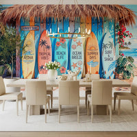 Dining area showing Tropical Surf Shack Dreams wall mural with tropical boards