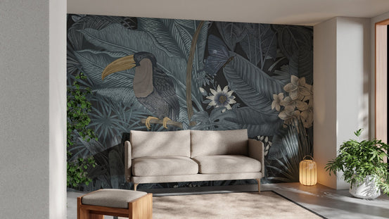 Tropical toucan wallpaper with lush blue jungle leaves C21