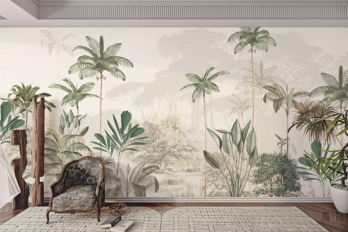 Tropical Palm Frond Rhythm Wallpaper | Green Botanical Decor