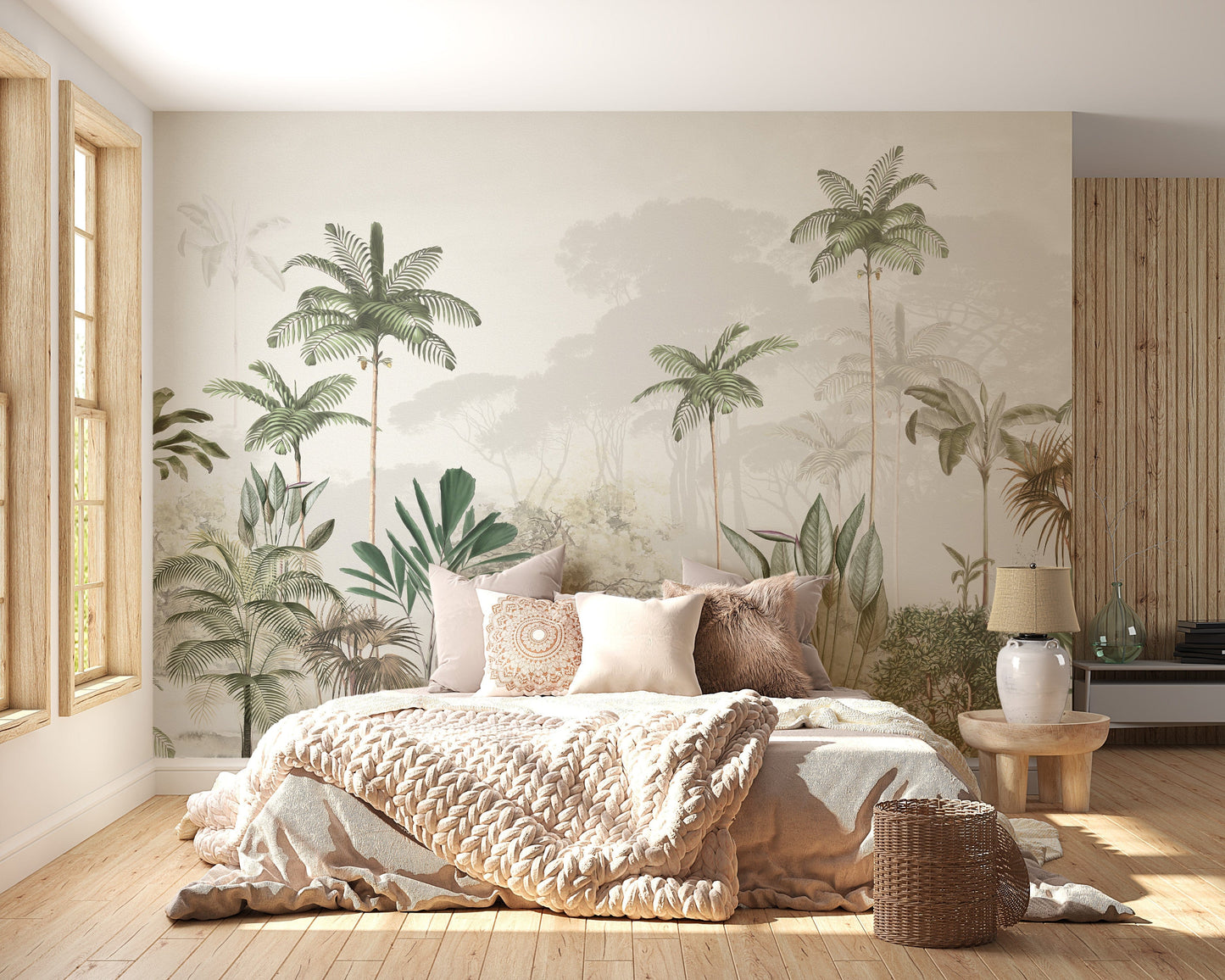 White tone tropical trees wallpaper mural
