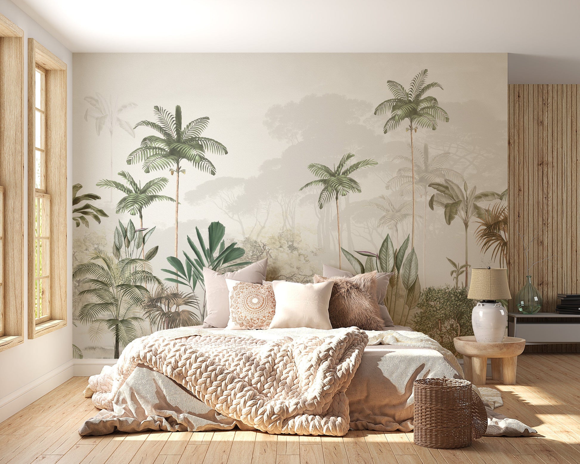 White tone tropical trees wallpaper mural
