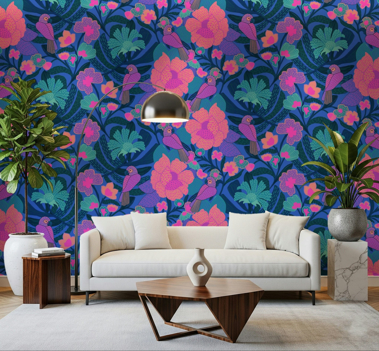 Colorful bird pattern wall mural in a modern home office.
