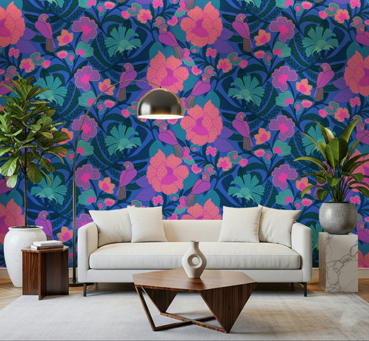 Colorful bird pattern wall mural in a modern home office.