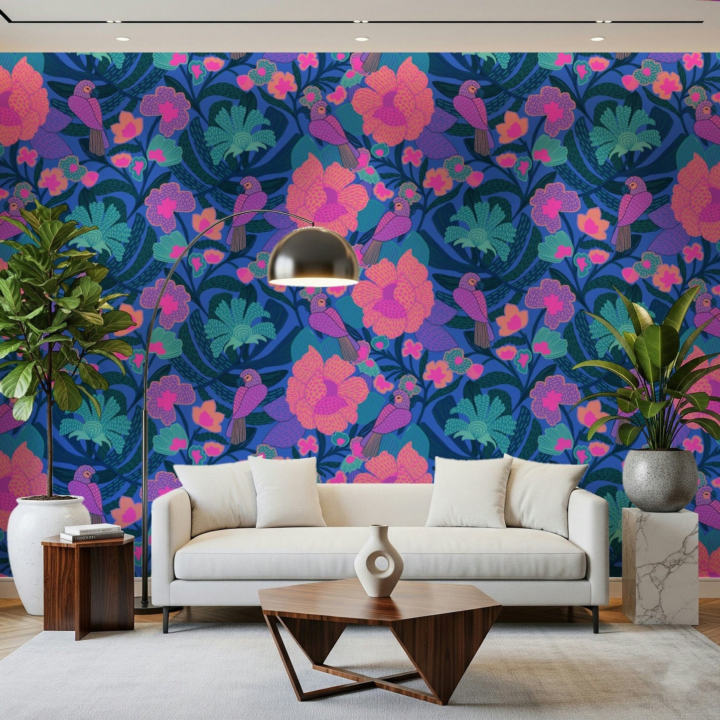 Colorful bird pattern wall mural in a modern home office.