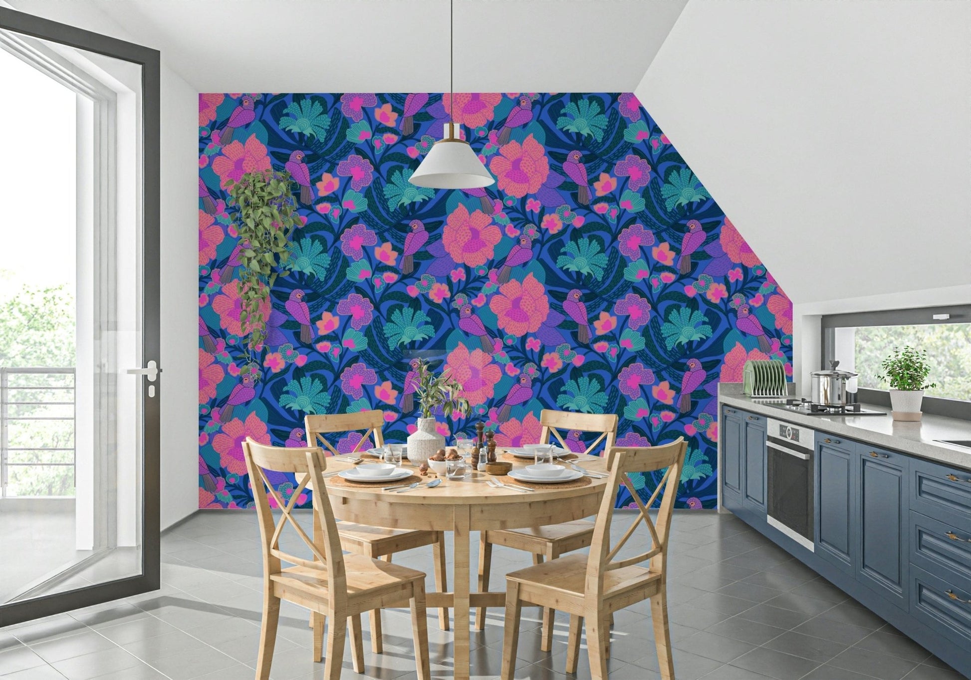 Tropical Tweets wallpaper in a vibrant living room area.