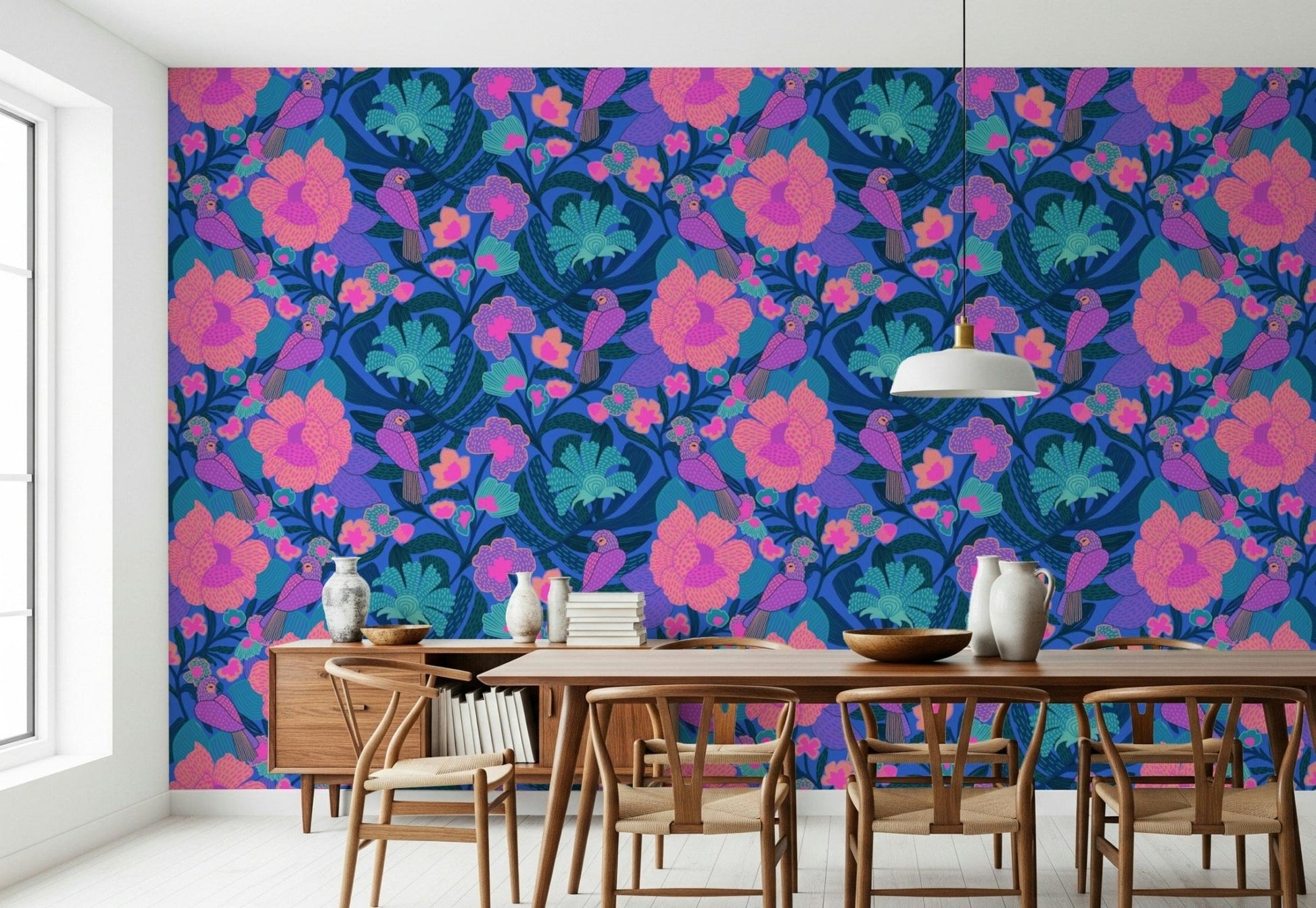 Tropical Tweets wallpaper on a kitchen feature wall.