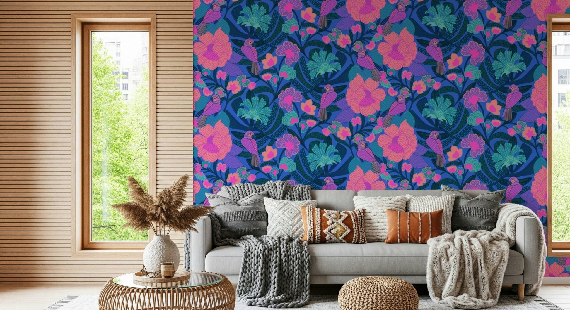 Detailed bird illustration wallpaper for a lounge.