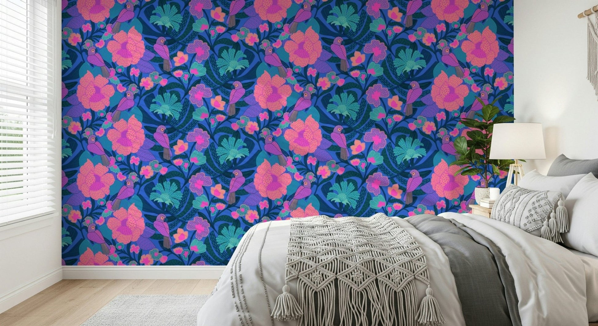 Guest room styled with Tropical Tweets wallpaper.