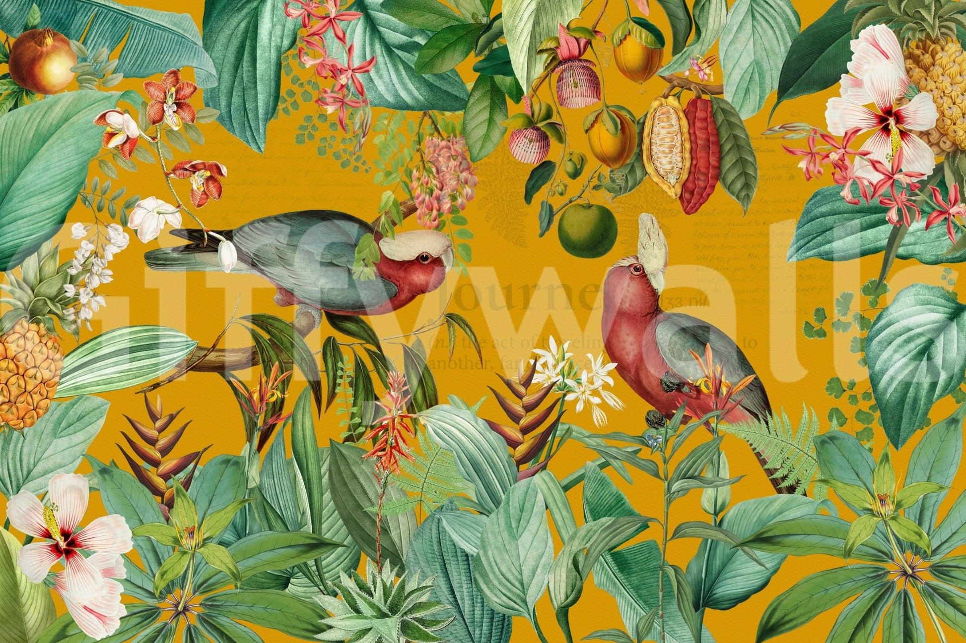 Vivid tropical jungle mural with vintage elements