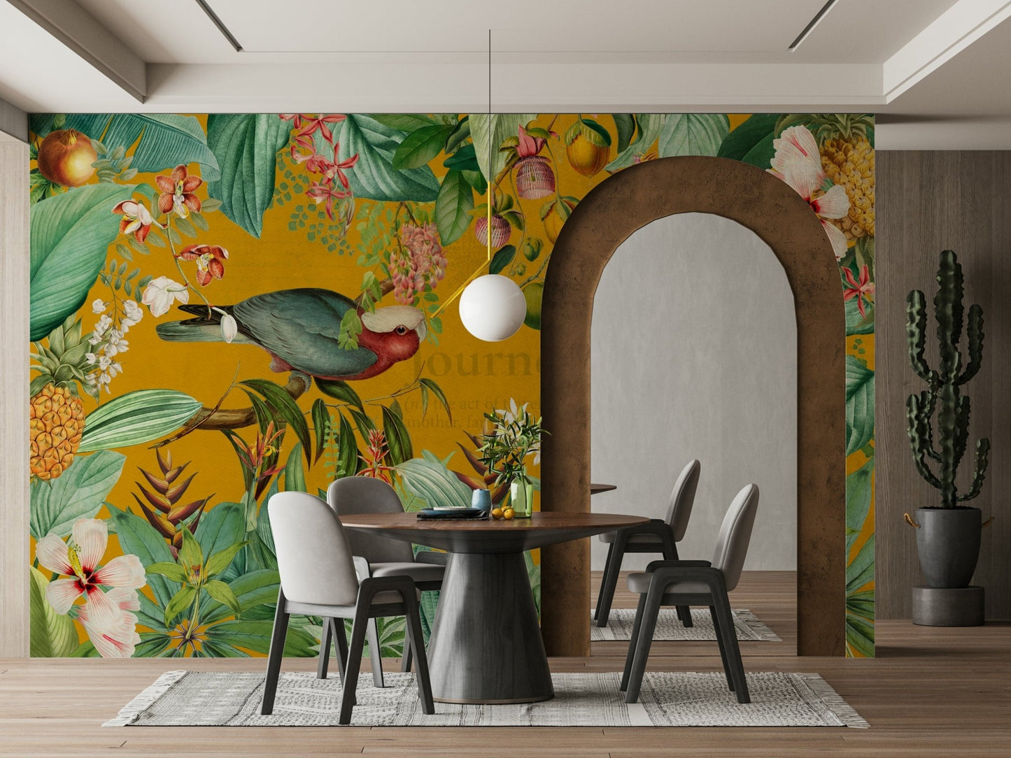 Vintage tropical wall mural with palm trees and flowers