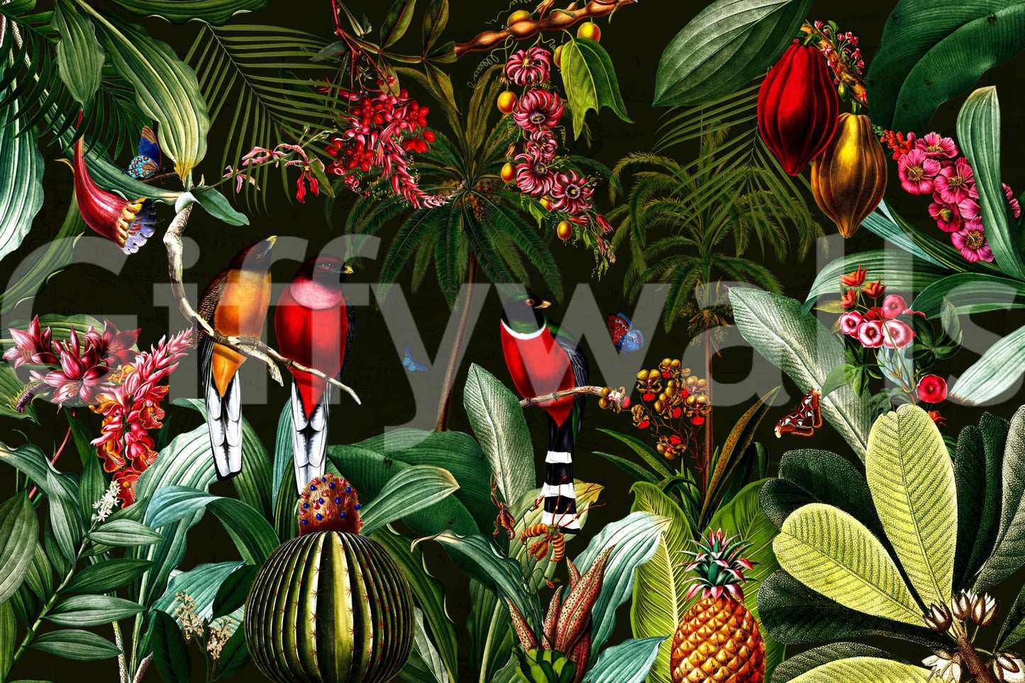 Tropical vintage wall mural with vibrant night scene., GD1163