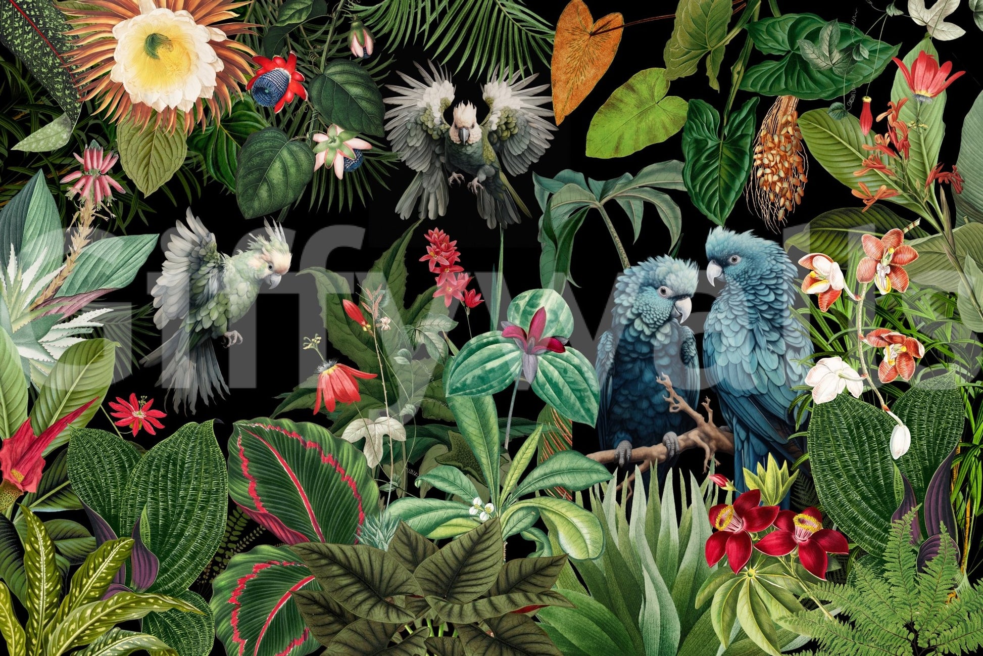 Vintage-inspired tropical paradise mural for walls.

