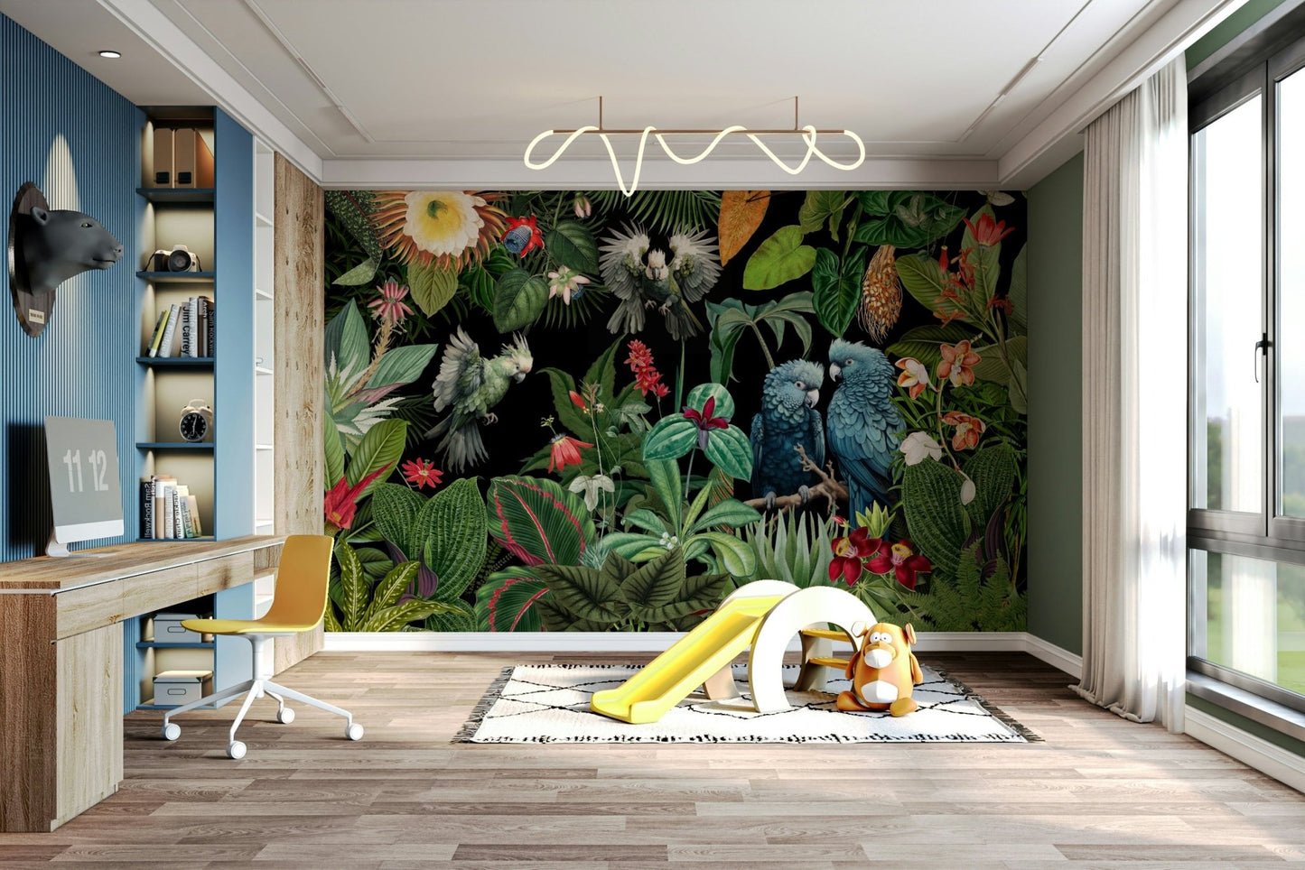 Tropical collage mural featuring lush, vintage-inspired design.

