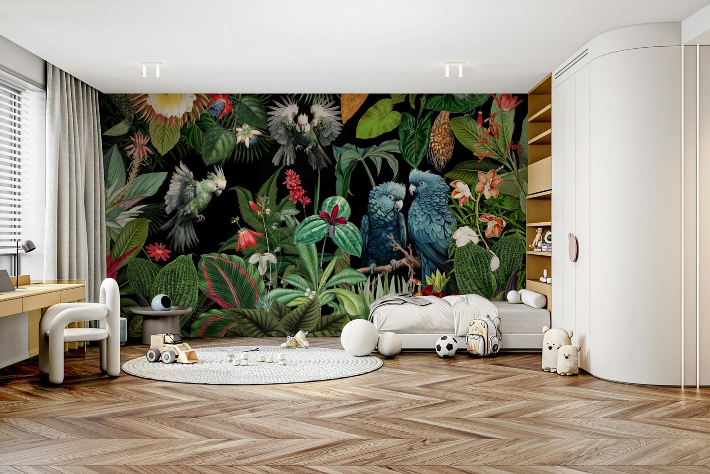 Vibrant vintage tropical wall mural for living room decor.

