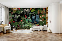 Vibrant vintage tropical wall mural for living room decor.

