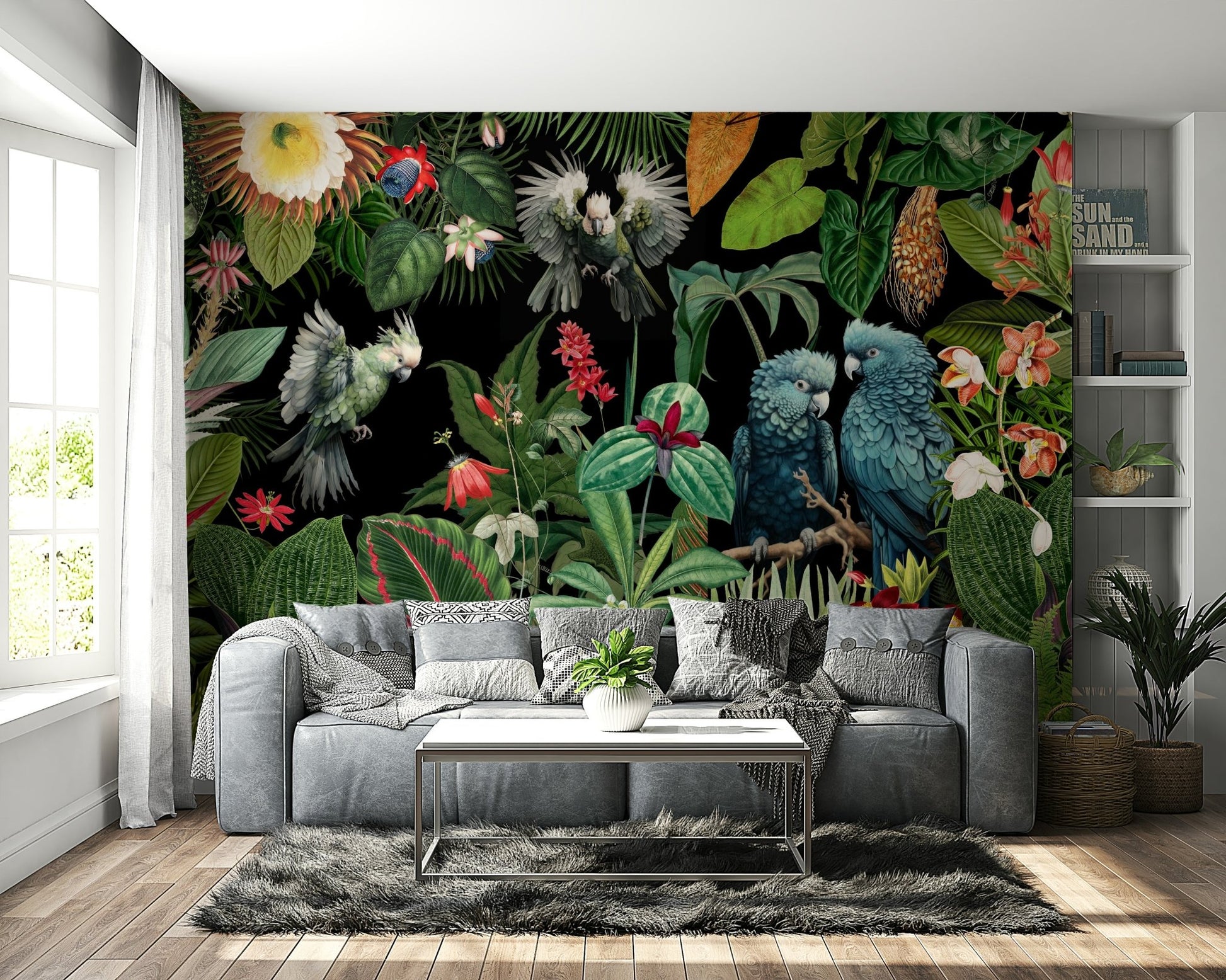 Tropical paradise collage mural in vintage aesthetic.

