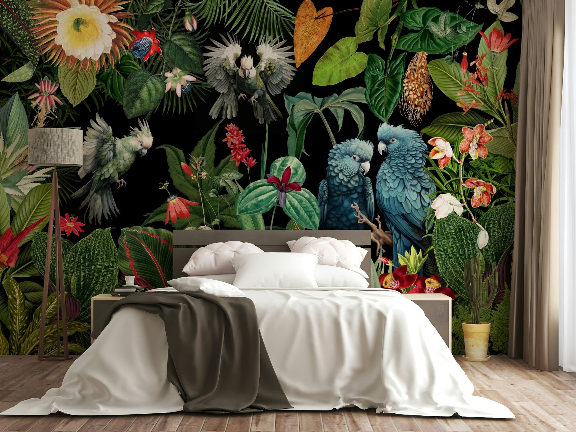 Bold tropical mural design featuring vintage collage style.

